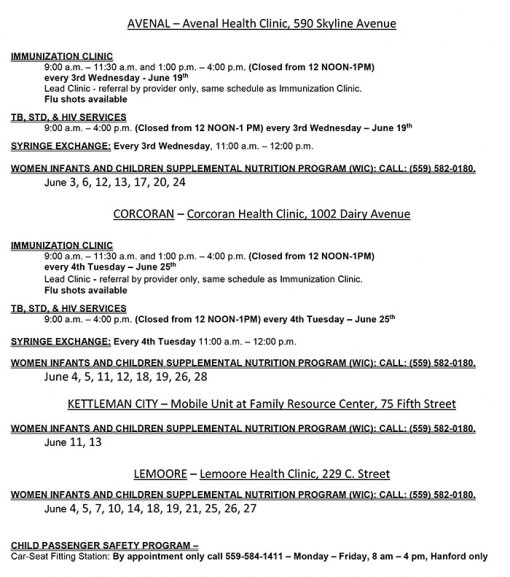 Kings County Clinic schedules for June, 2019. Flu shots still available at Health Department